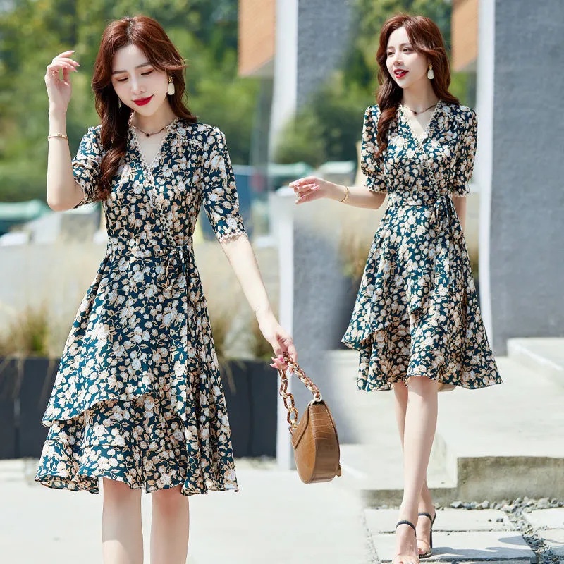 Summer Dress Women Chiffon Floral Dress Ladies Fresh V Neck Waist Slimming Casual Dress French Style