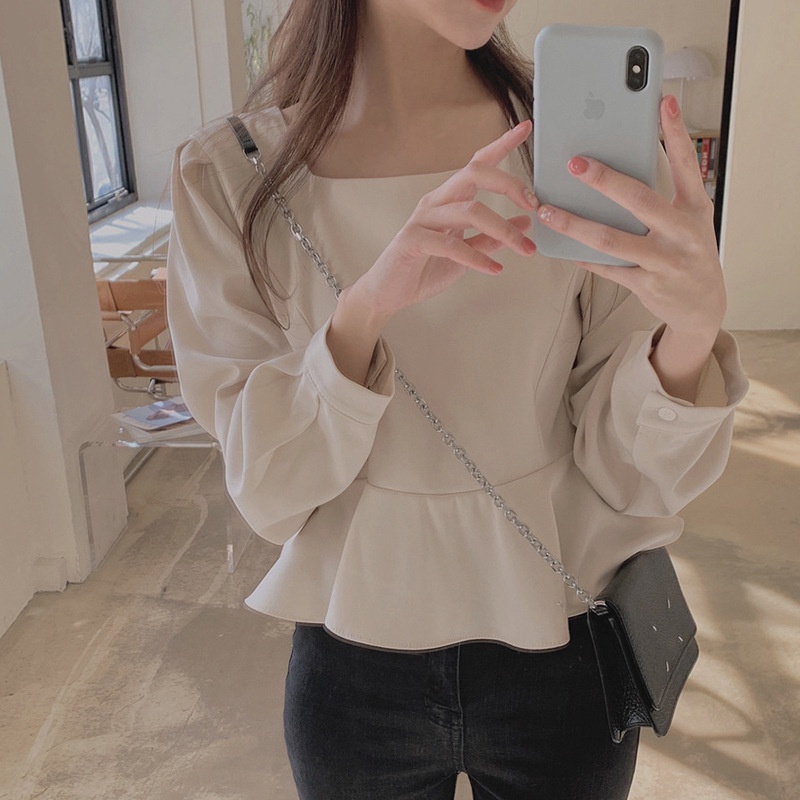 Ready Stock Women Solid Square Neck Ruffled Long Sleeve Shirt Crop Tops croptop korean style slim wa