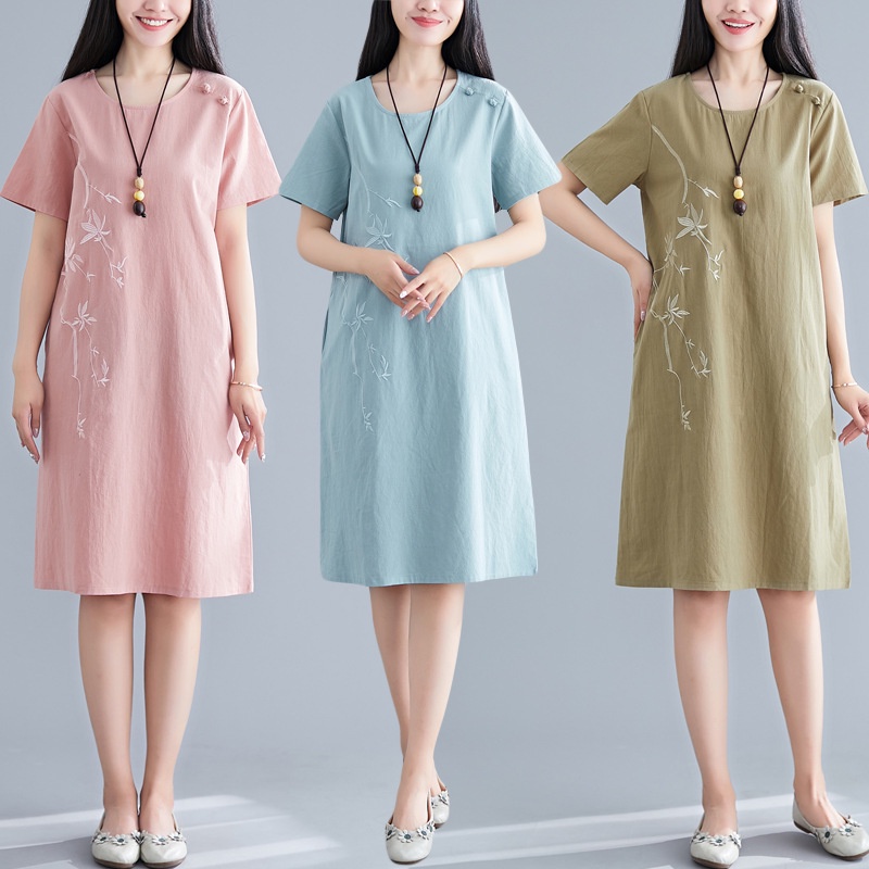 Plus Size Women Long Dress Women's Cotton and Linen Embroidered Dress Female Loose Thin A Word Skirt