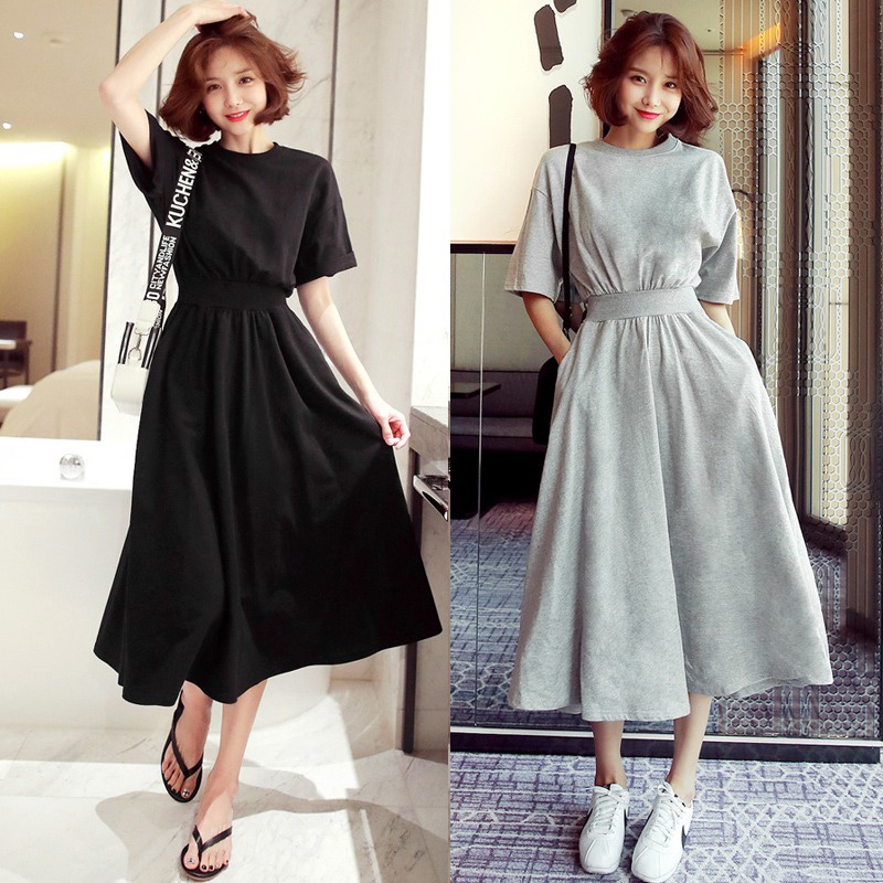 Women Dress Plain Summer Short Sleeve Round Neck A Line Mid Length Long Dress Solid Cotton Sundress 