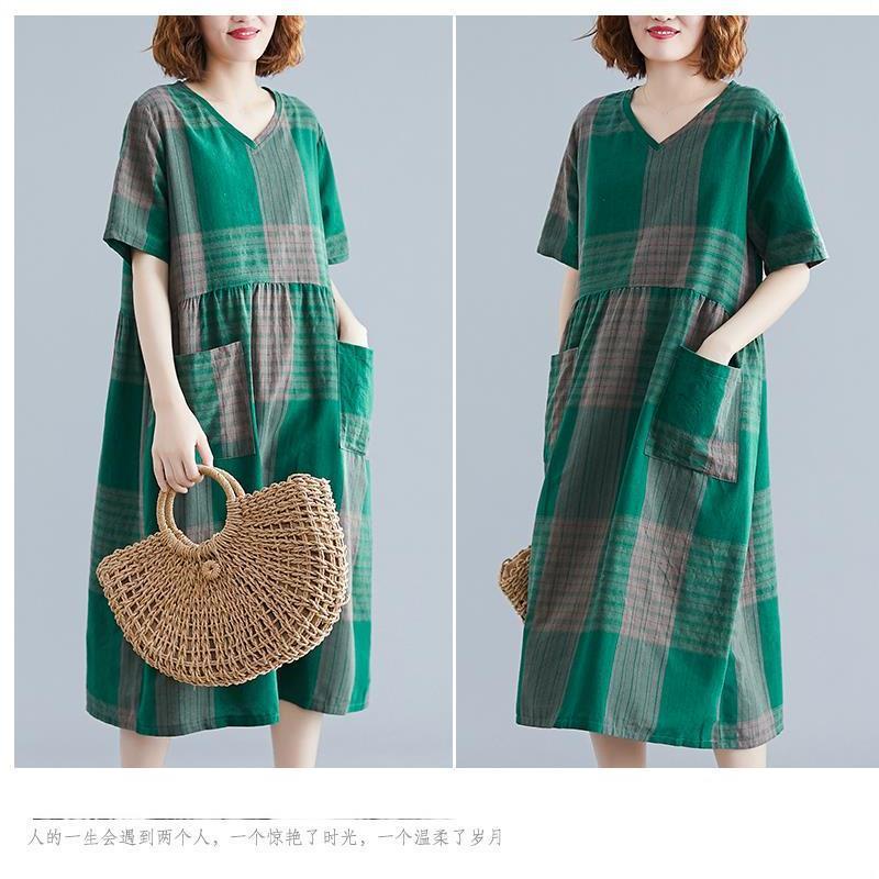 Women Loose Plus Size Dress Short Sleeve Casual Cotton Linen Midi Dress Korean Style Maxi Dress Musl