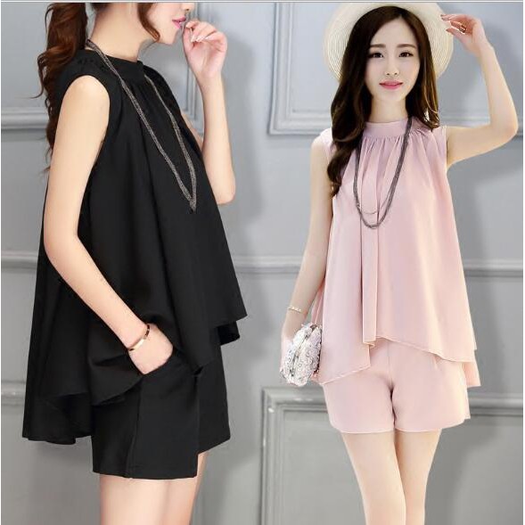 Plus Size Women Chiffon Sleeveless Tops + Pants 2pcs Set Loose Suits Causal wear