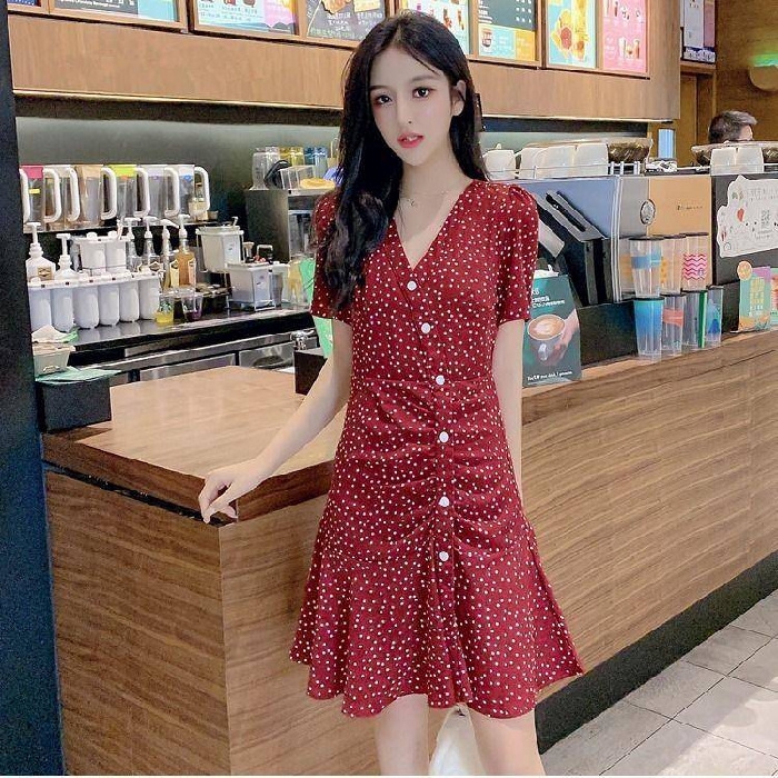 Women Ladies Slim Midi Dresses Summer V-neck Polka Dot Chiffon Korean Fashion Female Dinner Party Re