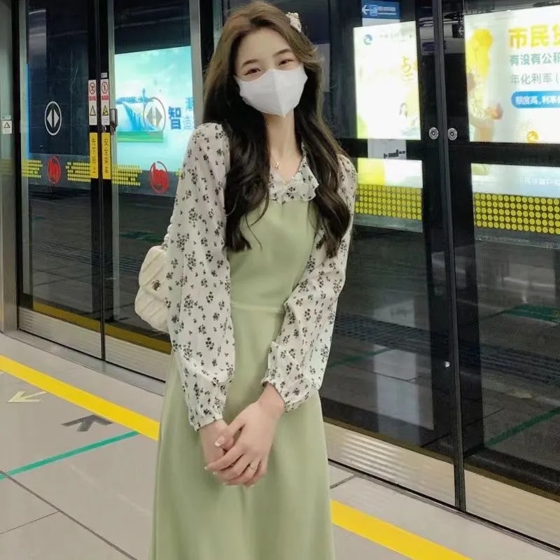 Green Dress Spring Autumn Long Sleeve A-line Floral Dress French Elegant Gentle Stitching Ruffles Do