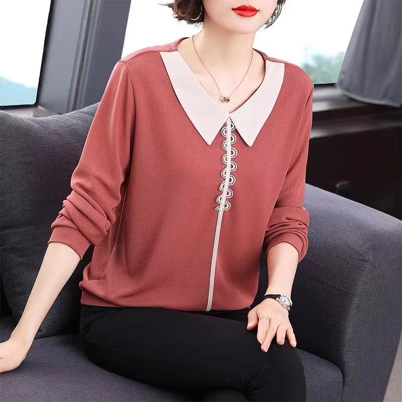 Fold Over Collar Long Sleeve T-shirt Plus Size Fashionable Top Women Blouse