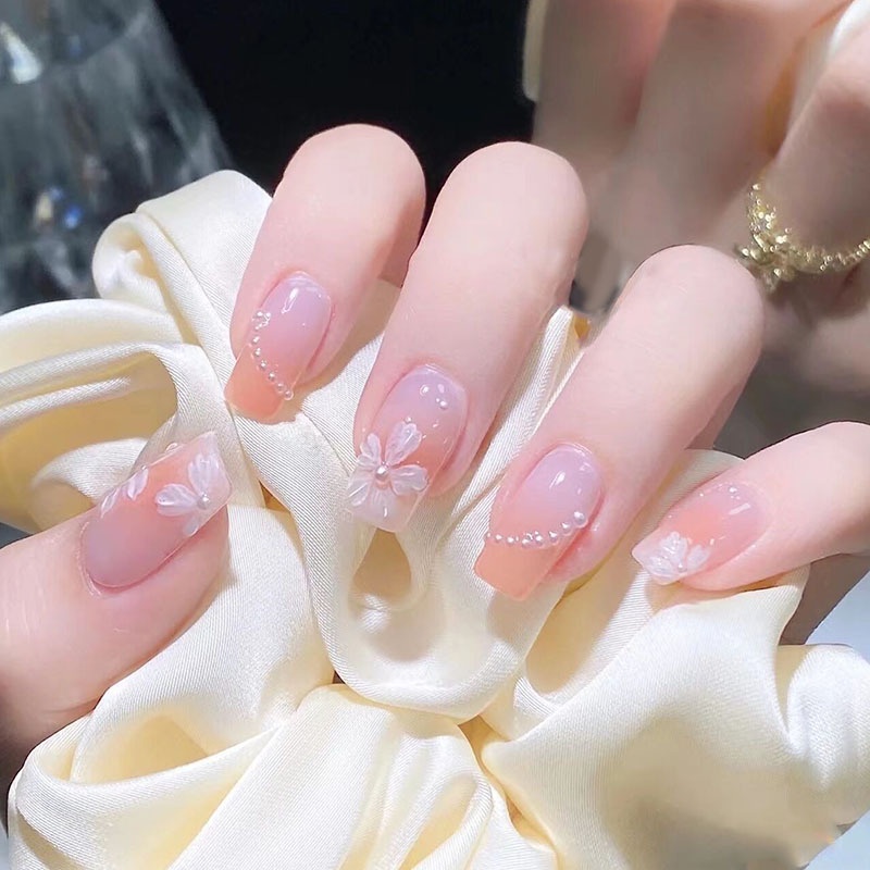 [With Glue] 2023 Fake Nails Set with Glue False Nails Flower Pearl with Design Nails COD