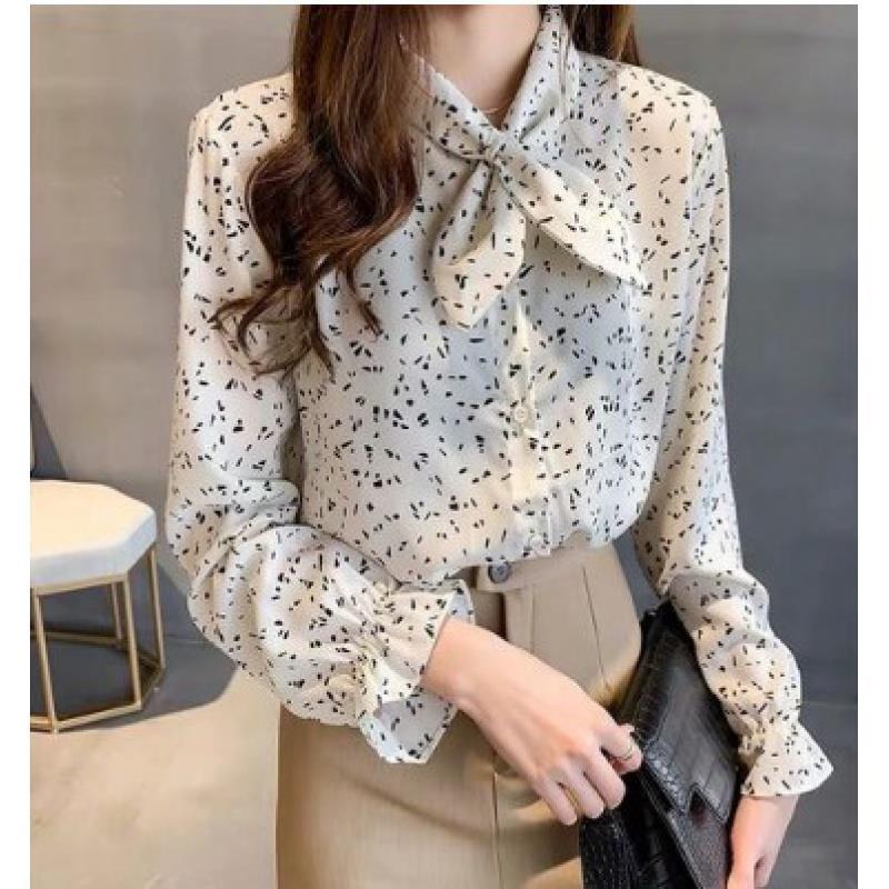 Women Blouse Bow Print Chiffon Shirt Long Sleeve Loose Top