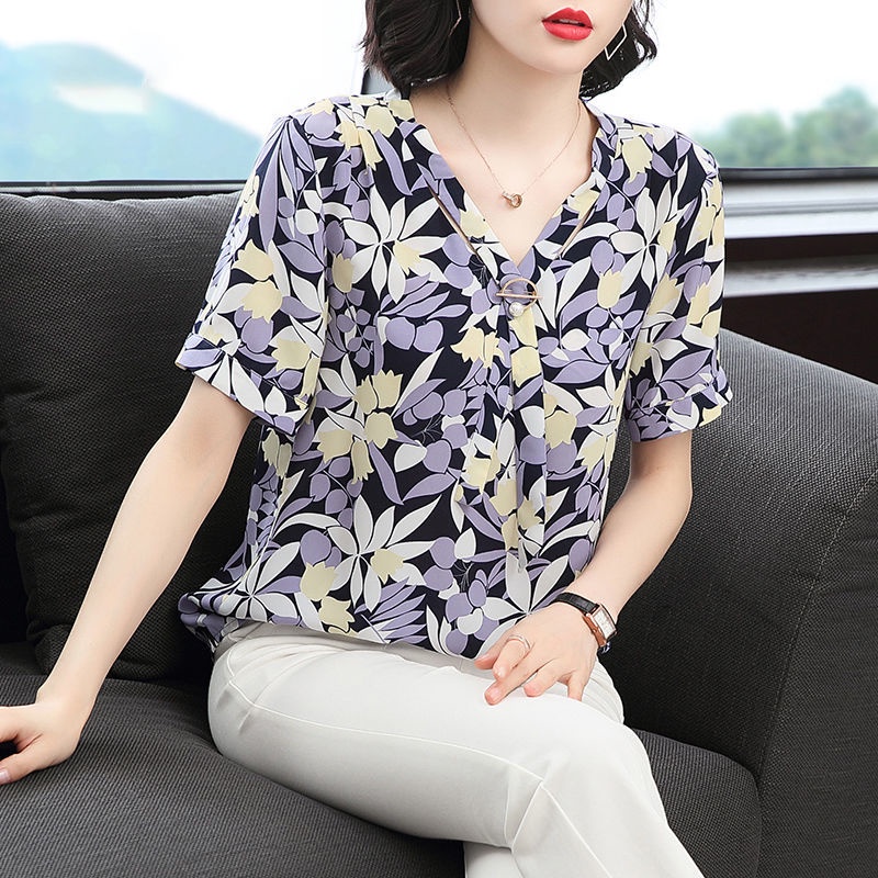 Floral Chiffon Shirt Women's Short Sleeve Summer Fashion Top Women Blouse