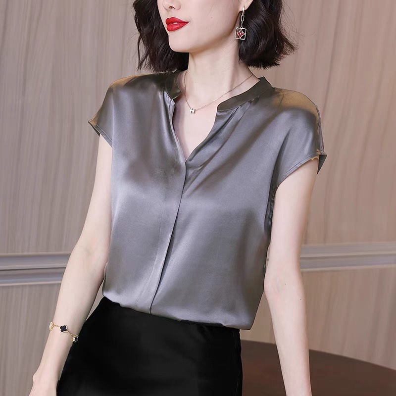 Satin Shirt V-neck Short-sleeved Thin Loose Chiffon Blouse Women