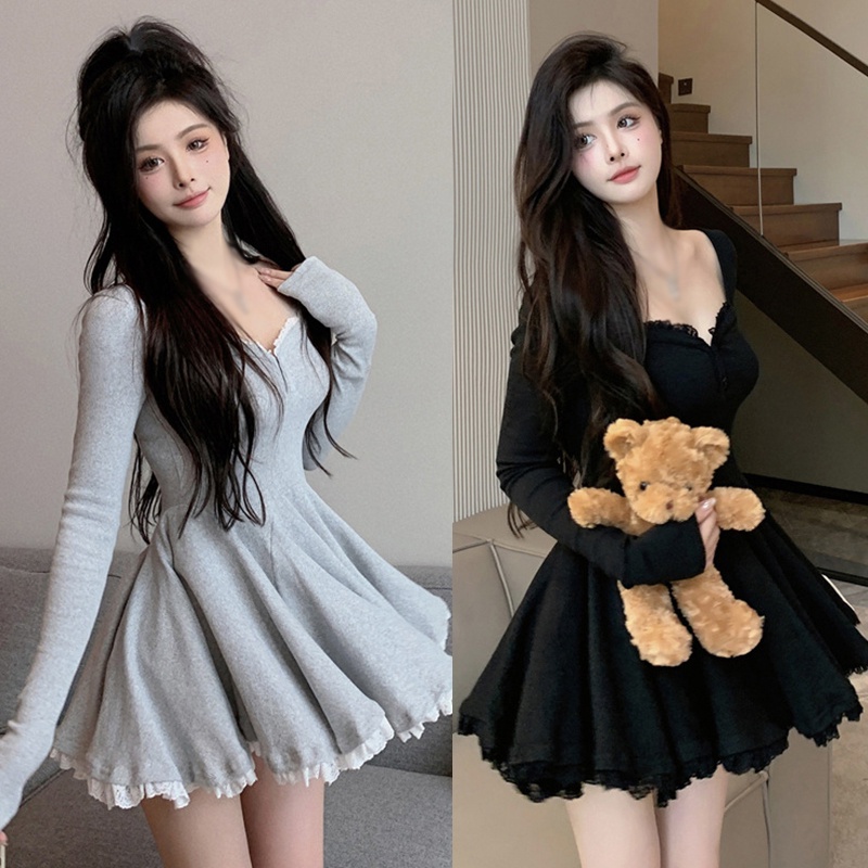 Korean Dress Casual A Line Long Sleeve Square Collar