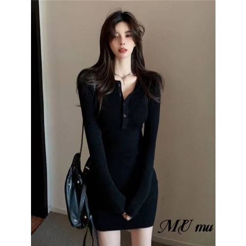 High-grade waist-feeling hot girl's black hip skirt with long-sleeved knitted dress for women top