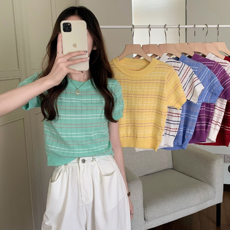 Summer women's Korean version of loose short striped short-sleeved T-shirt matching thin knitted fas