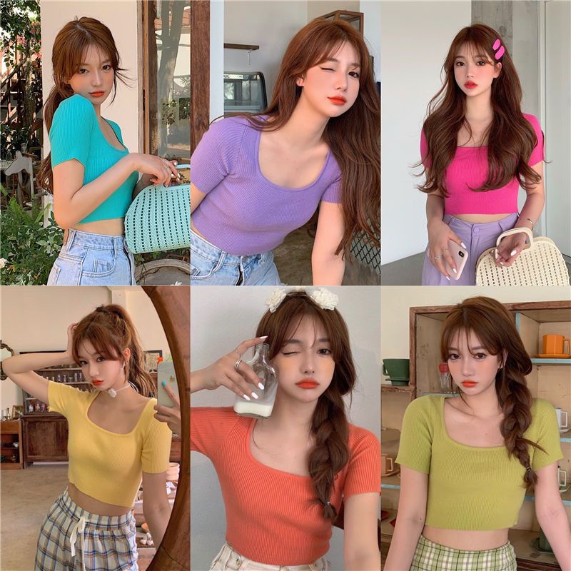 Summer short T-shirt women's neck knitted short sleeve top   terno