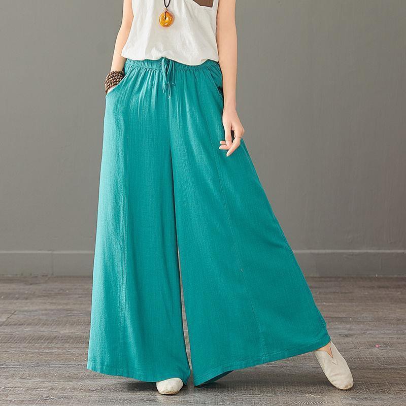 【5 colors】Plus Size Women High Waist Casual Wide Legs Culottes Elastic Belted Cotton Long Pants