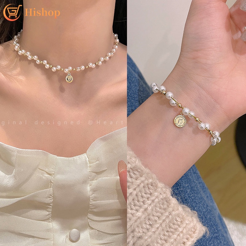 Pearl Beads Necklace Bracelets Portrait Coin Pendant Choker Gold Bracelet Set for Women Elegant Acce