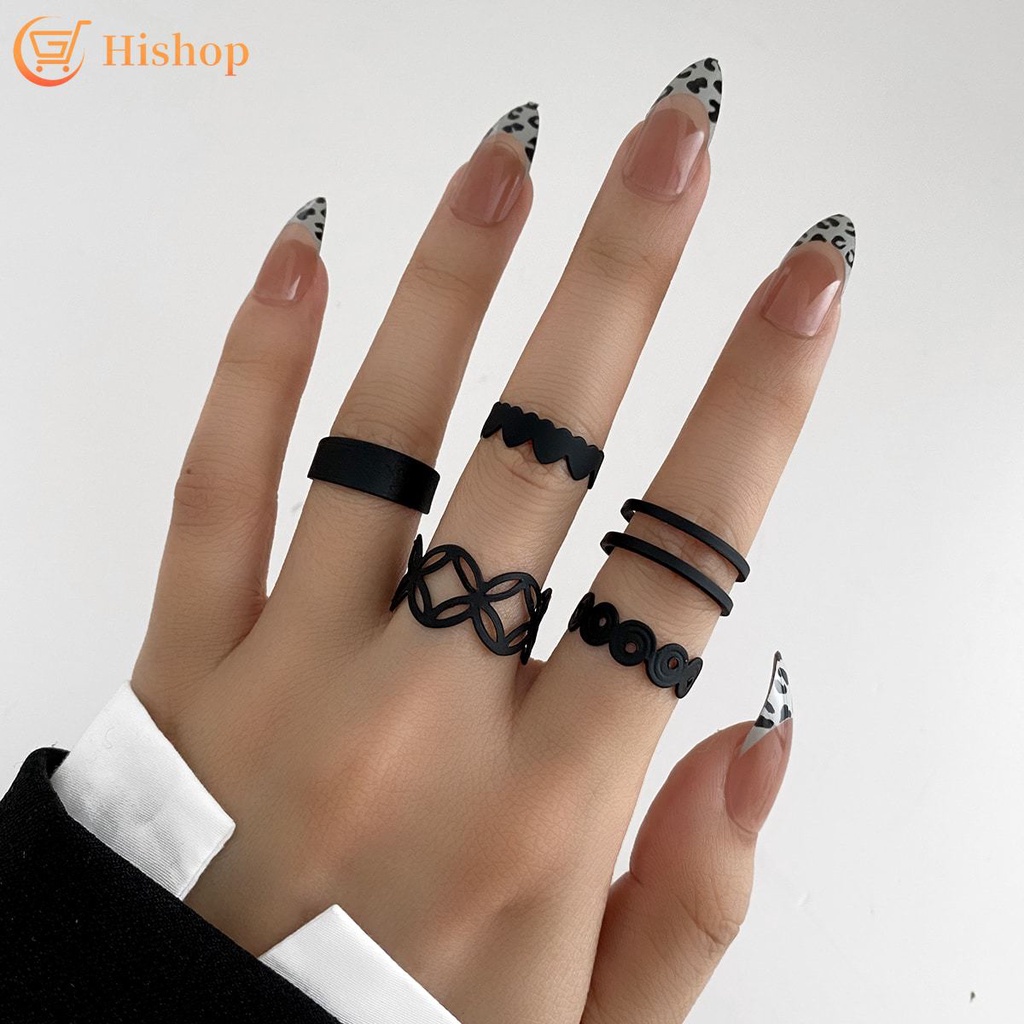 5pcs/set Simple Black Matte Ring Set Women Cross Hollow Open Rings Jewelry Accessories