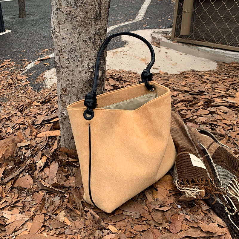 New vintage suede color contrast single shoulder bucket bag satchel large capacity portable  women's