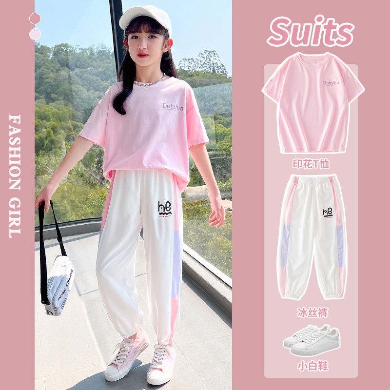 Girls Sports Suit 2023 Fashionable Children Trendy Short-Sleeved Casual Children's Clothing Medium B