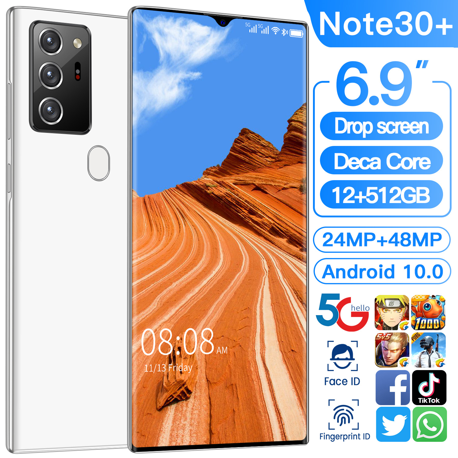 2022 Newest Note30+ 12GB 512GB Smartphone 6.9 Inch AMOLED Screen Android10.0 Smartphone red mi Finge