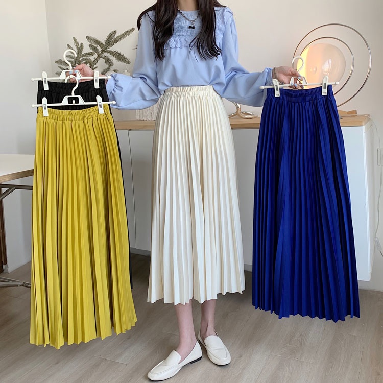 Women New Korean Mid-Length Pleated Maxi Skirt Elastic Waist A-Line Skirts
