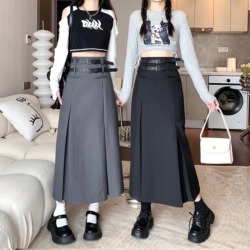 Women Grey Maxi Skirts Temperament High Waist Versatile Long Skirt