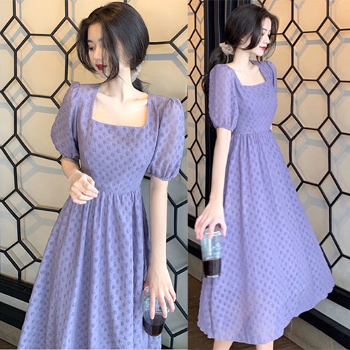 women Super fairy purple dress square neck puff sleeve dresses