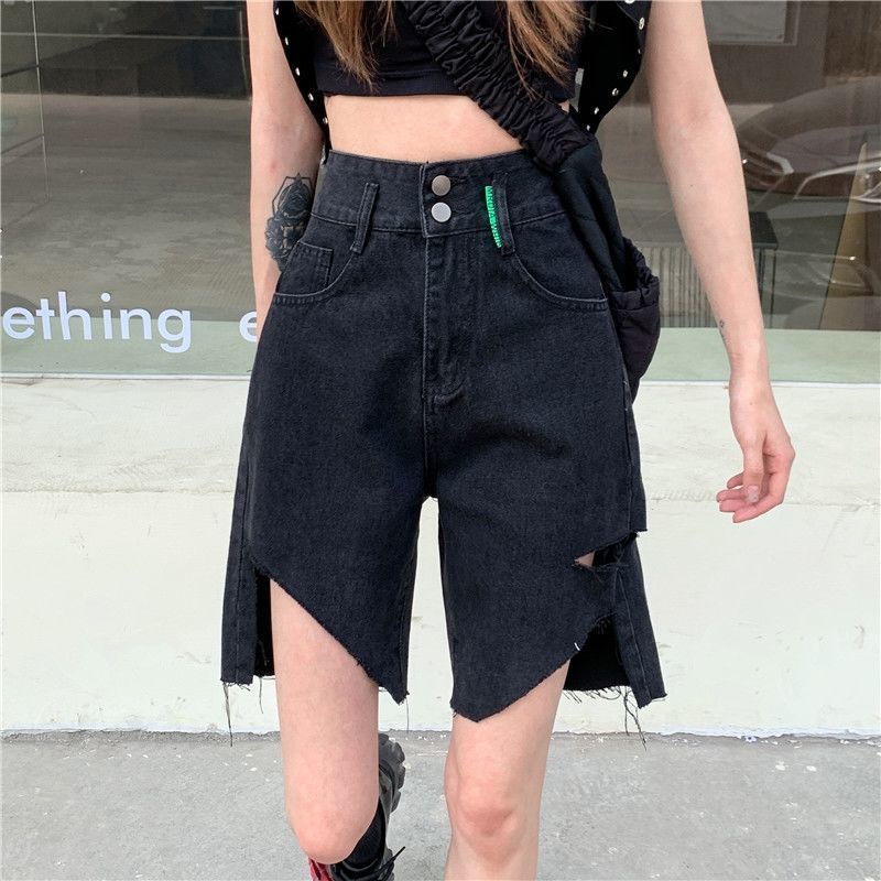 Women Black Ripped Straight Jeans Korean High-Waisted Skinny Irregular Hem Five-Point Hot Pants