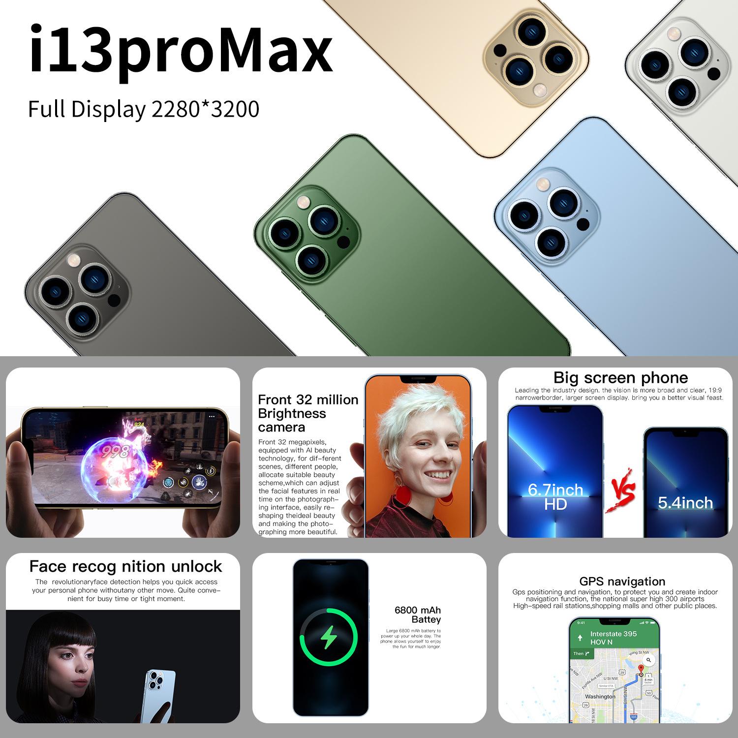 i13 Pro MAX 16GB + 512GB Android smartphone 10 core 5G LET phone 3 camera MTK6889 face ID unlock mob