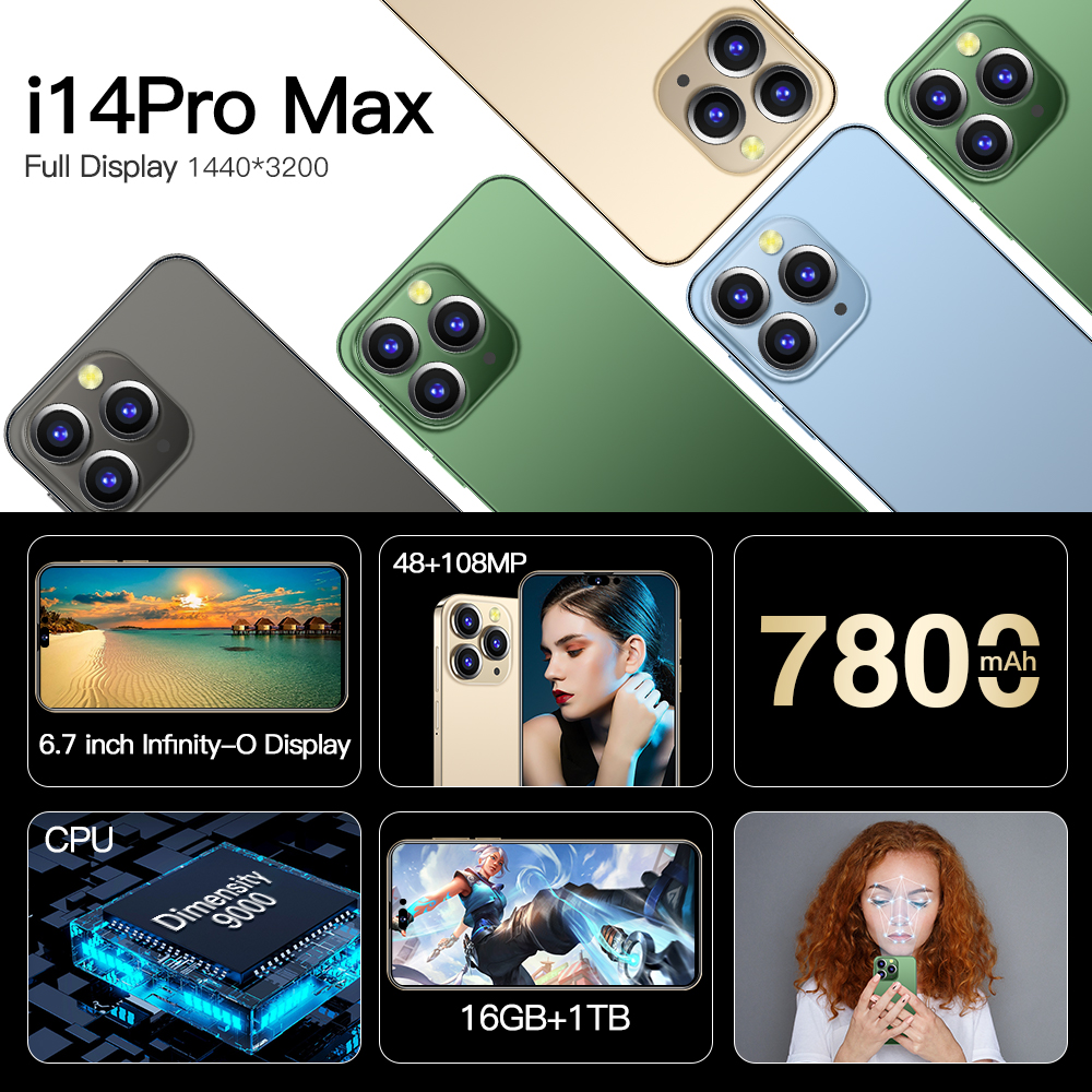 Hot Selling Phone i 14 Pro Max original 16GB+1TB 6.7 Inch Phone original full Display Android 12 Mob