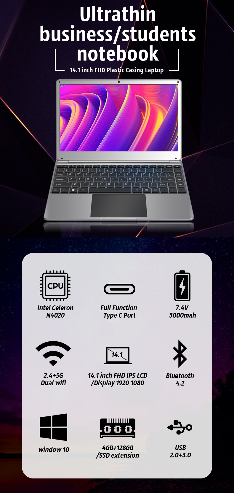 2021 Cheap Oem Laptops 14.1" 4gb Ram 128gb  Gaming Computer 1920X1080 FHD Notebook Win 10 Thin Lapto