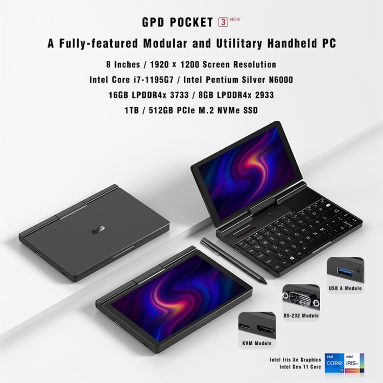 New Modern GPD Pocket 3 Mini Laptop 8.0 inch 8GB+512GB Gaming Computer Laptop