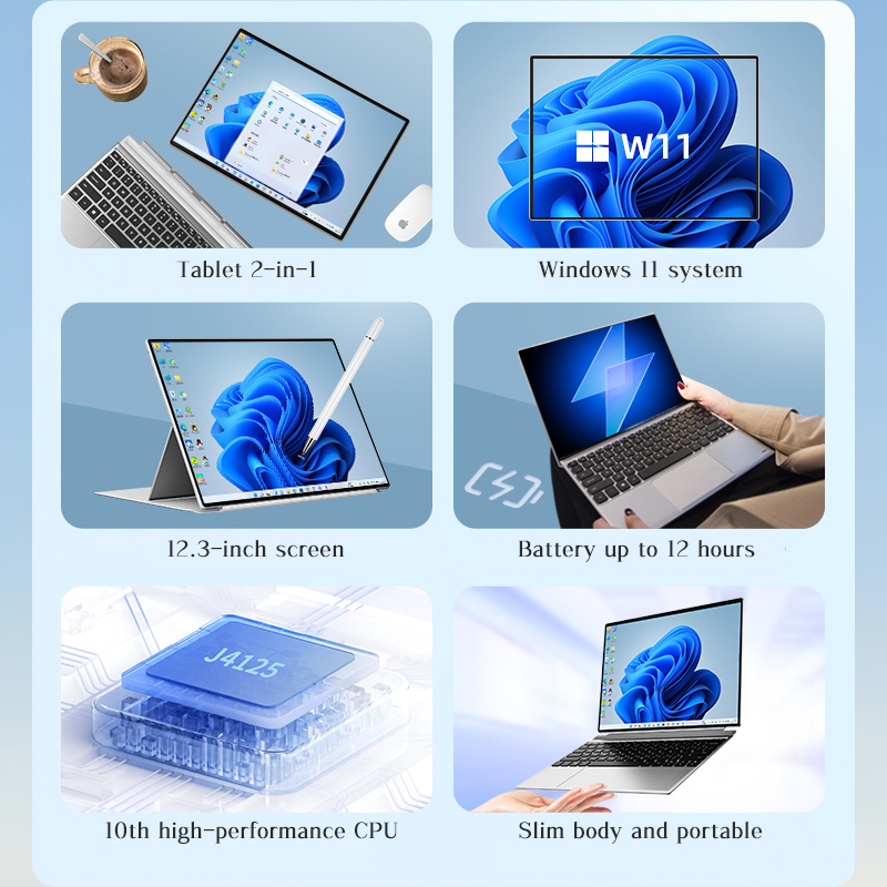 12.3 inch 2 in 1 Laptop Intel Celeron J4125 Quad Core 8G RAM Windows 11 Laptops Touch Screen Tablet 
