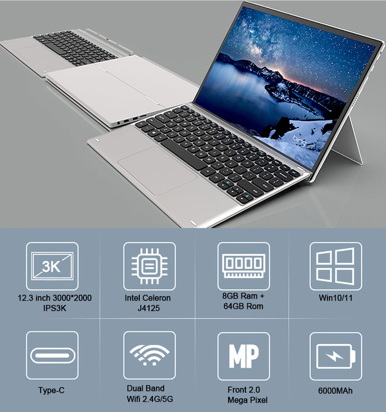 12.3 inch 2 in 1 Laptop Intel Celeron J4125 Quad Core 8G RAM Windows 11 Laptops Touch Screen Tablet 