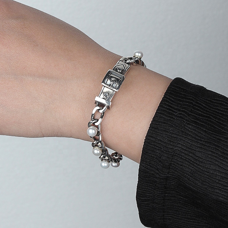 Punk Chunky Sterling Silver 925 Pearl Chain Curb C