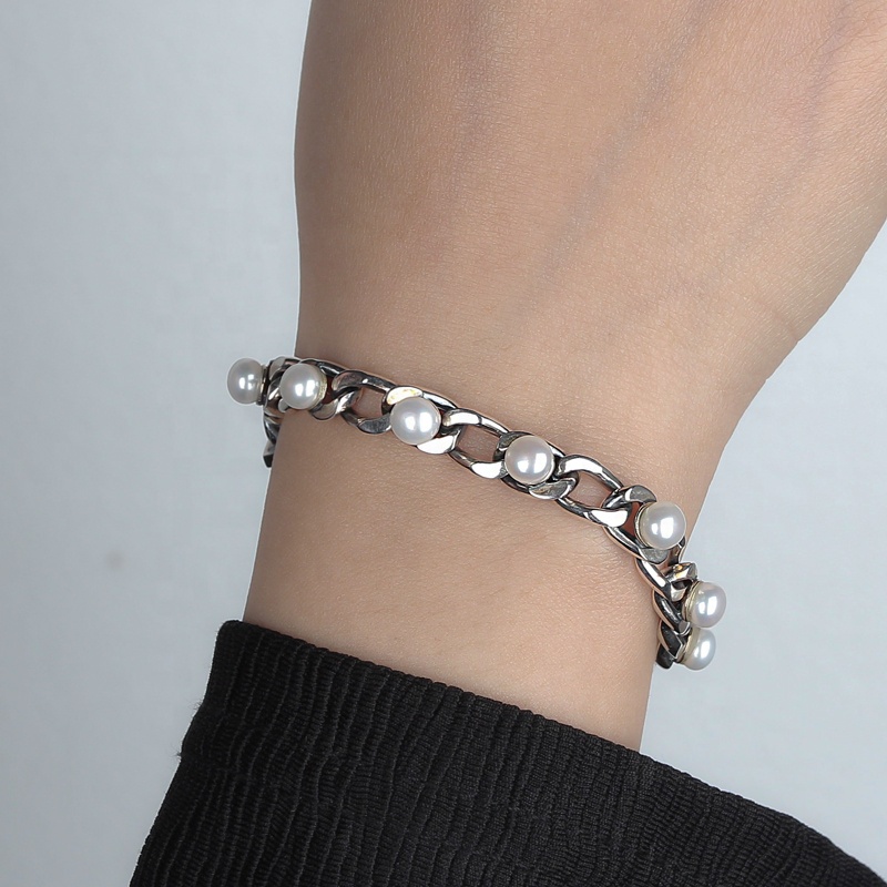 Punk Chunky Sterling Silver 925 Pearl Chain Curb C
