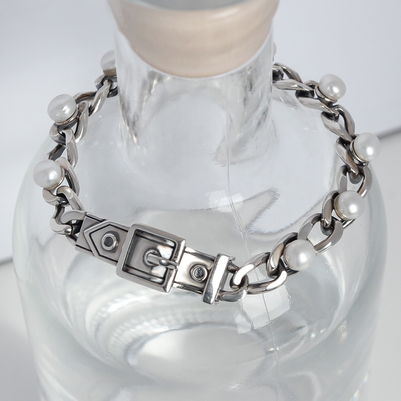 Punk Chunky Sterling Silver 925 Pearl Chain Curb C
