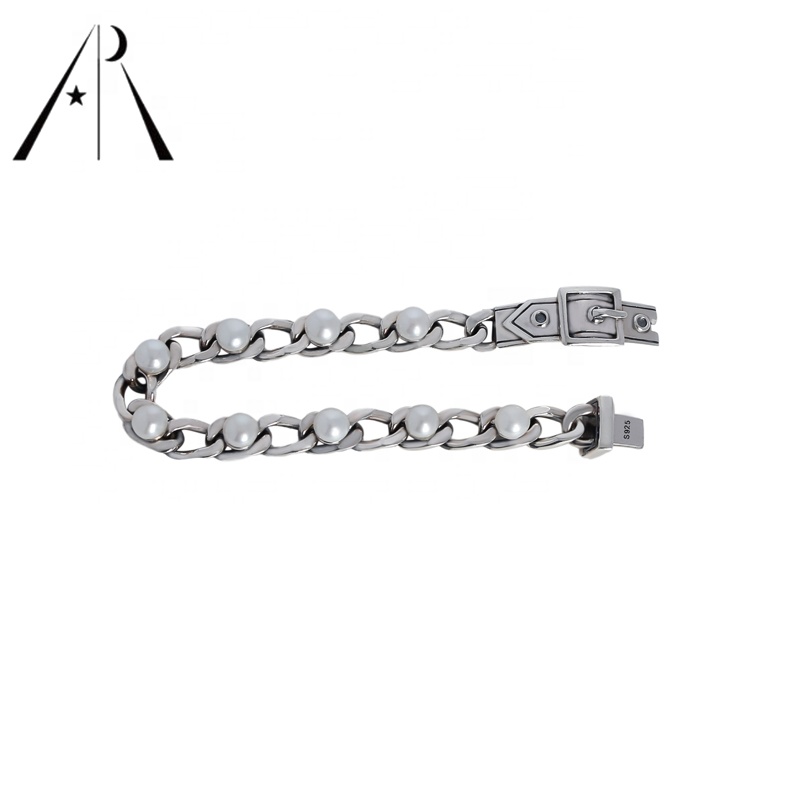 Punk Chunky Sterling Silver 925 Pearl Chain Curb C
