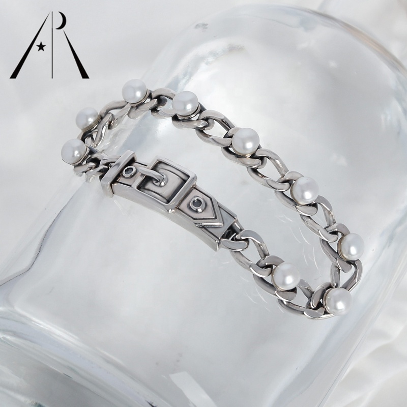 Punk Chunky Sterling Silver 925 Pearl Chain Curb C
