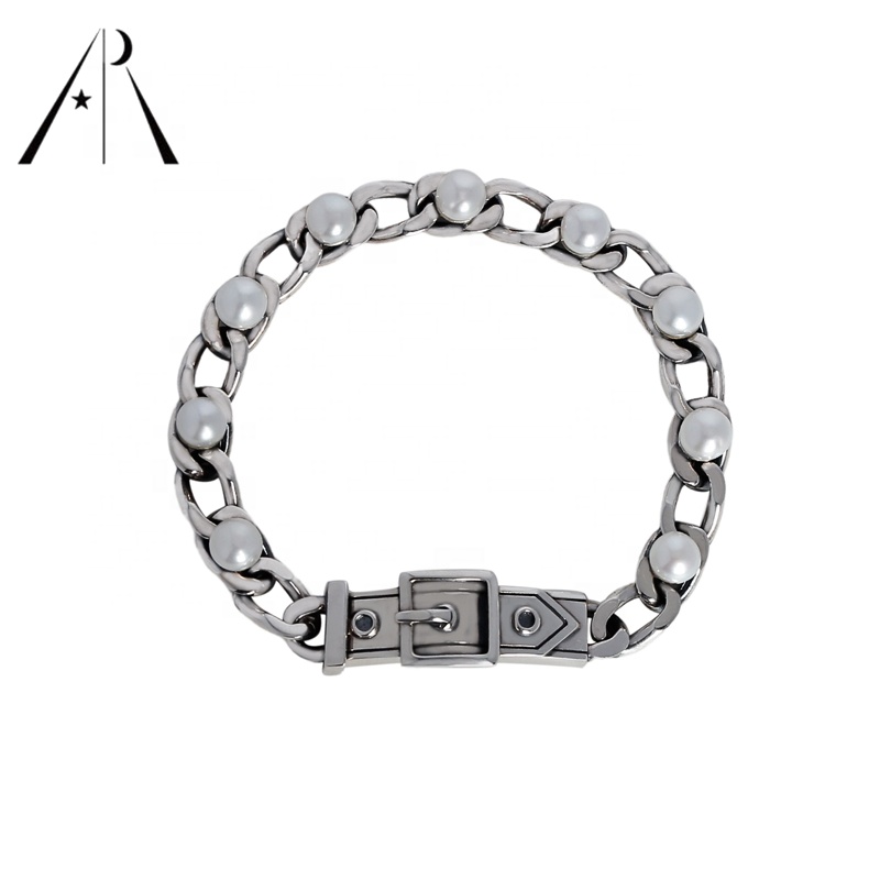 Punk Chunky Sterling Silver 925 Pearl Chain Curb C