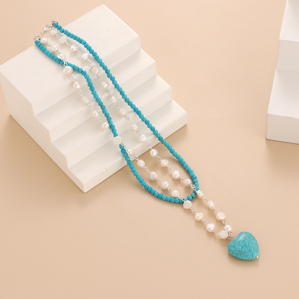 New double-layer twin turquoise love pendant neckl