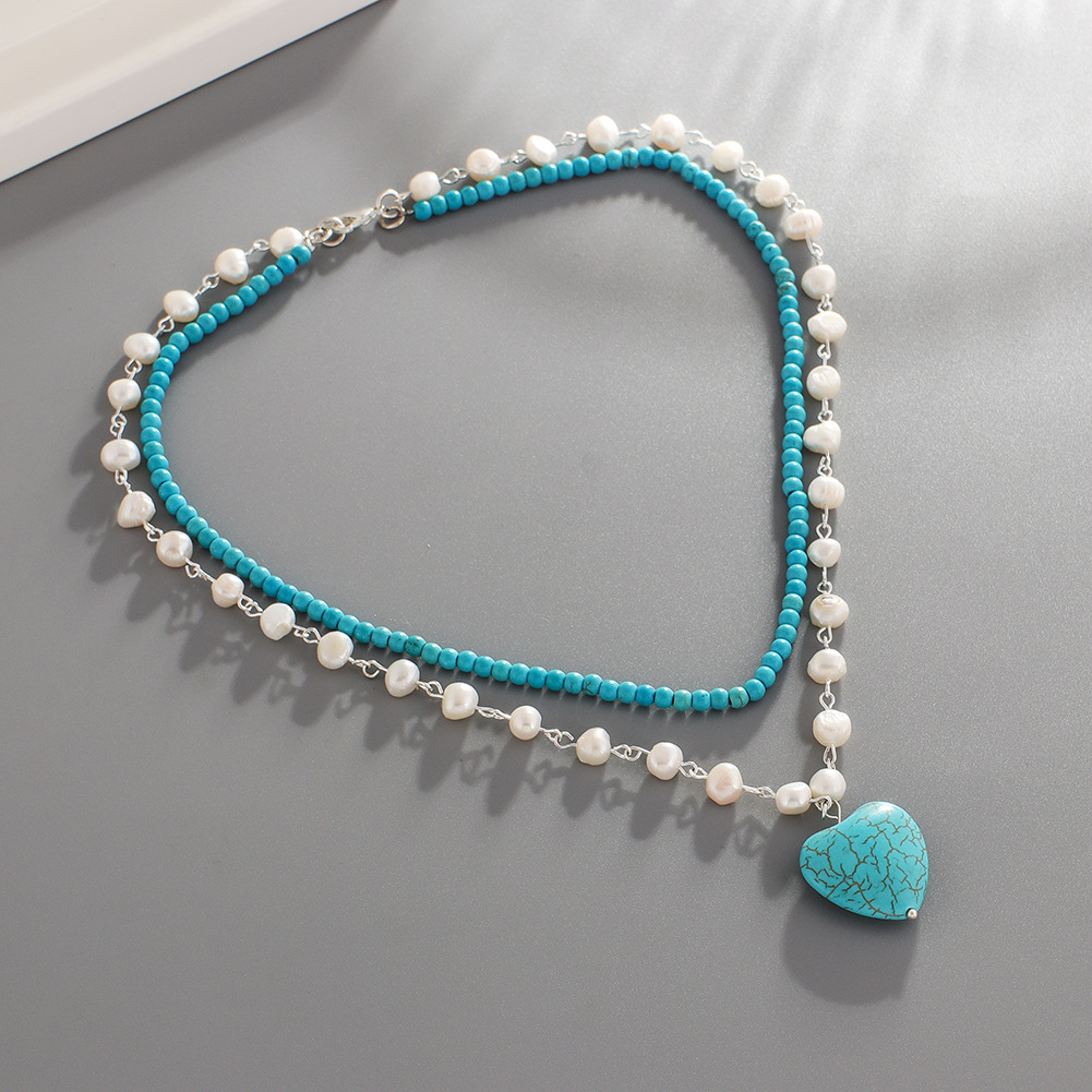 New double-layer twin turquoise love pendant neckl