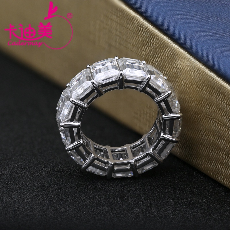Cadermay Hip Hop Jewelry 14K Solid White Gold Luxury Ring 6x8mm Emerald Cut Moissanite Full Eternity
