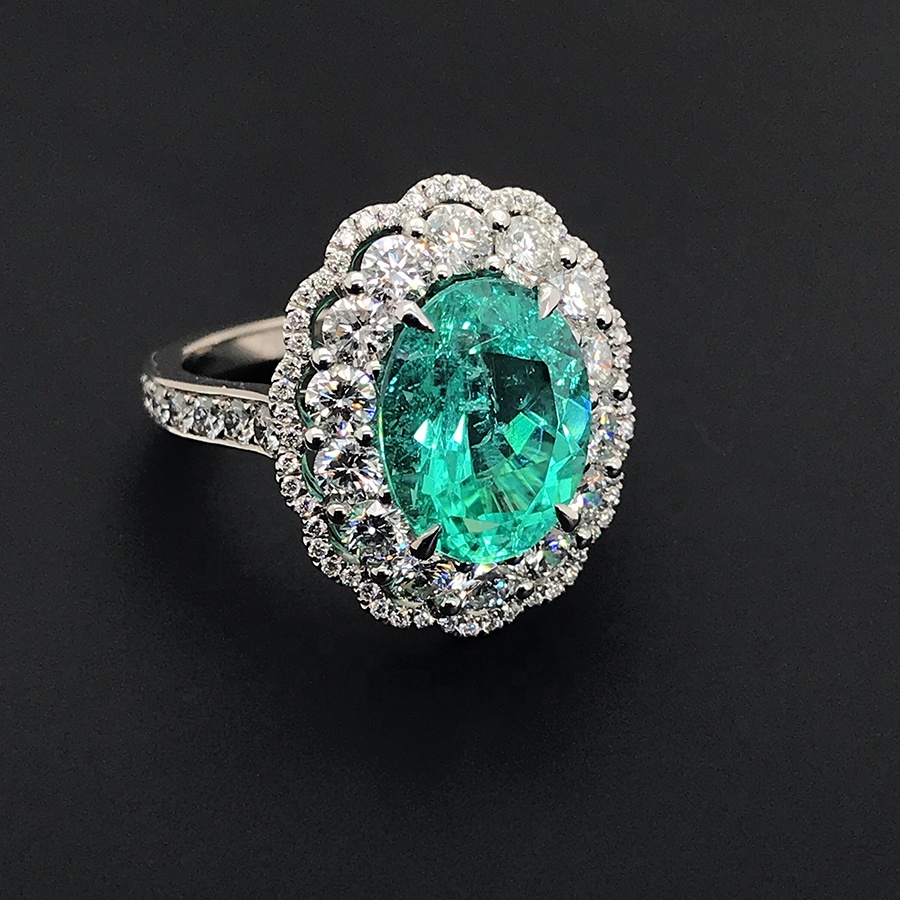 Custom Real Gold Jewelry 3.82 Carat Oval Paraiba Tourmaline And Diamond Daisy Cluster Gold Rings In 