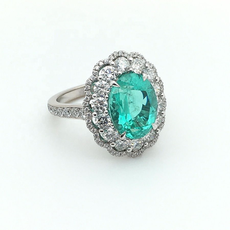 Custom Real Gold Jewelry 3.82 Carat Oval Paraiba Tourmaline And Diamond Daisy Cluster Gold Rings In 