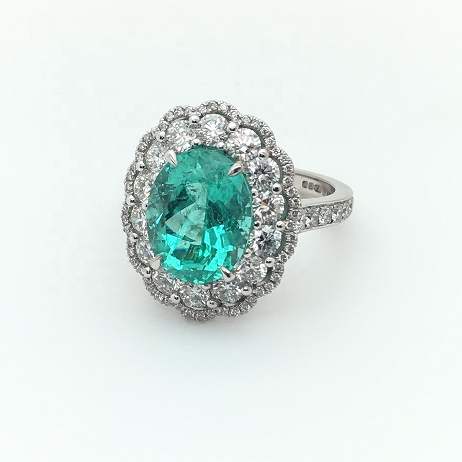 Custom Real Gold Jewelry 3.82 Carat Oval Paraiba Tourmaline And Diamond Daisy Cluster Gold Rings In 