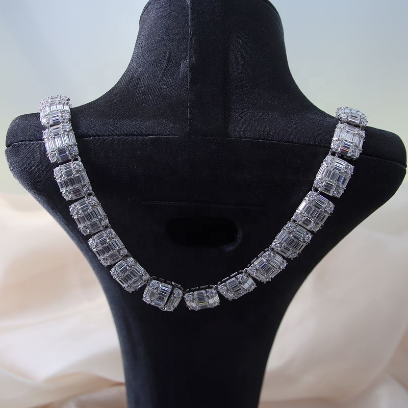 Sterling Silver925 Hip Hop Jewelry 9.5mm Width Full Setting Iced Out Baguette Moissanite Cuban Neckl