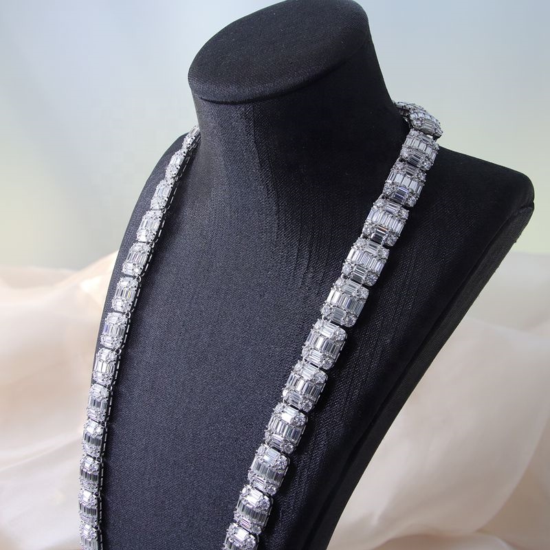 Sterling Silver925 Hip Hop Jewelry 9.5mm Width Full Setting Iced Out Baguette Moissanite Cuban Neckl