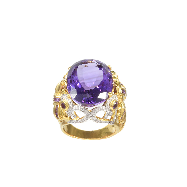 Amethyst High Quality 18 K Gold Blue topaz and Diamonds Lady Ring Luxury Accessories Jewelry