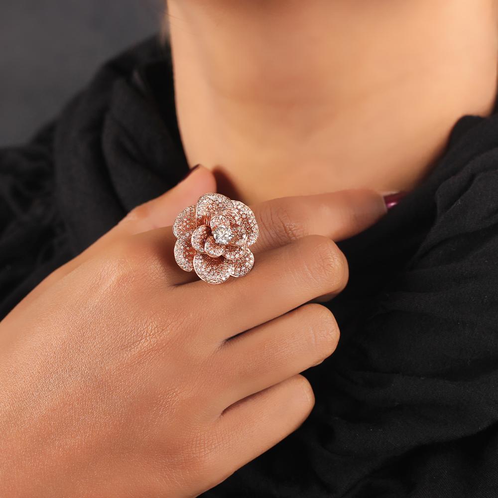 Natural 2.99 Carat Diamond Pave Beautiful Design Lotus Flower Ring Solid 14k Rose Real Gold Fine Jew