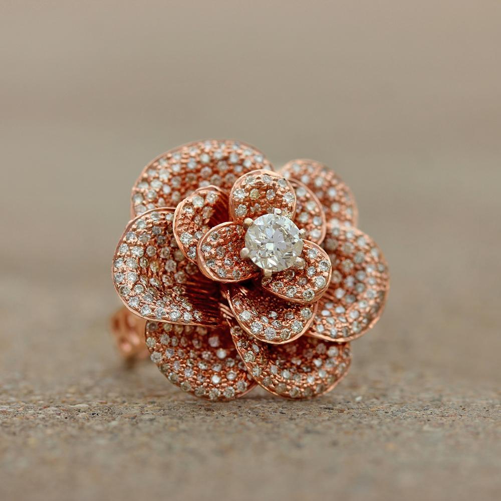 Natural 2.99 Carat Diamond Pave Beautiful Design Lotus Flower Ring Solid 14k Rose Real Gold Fine Jew